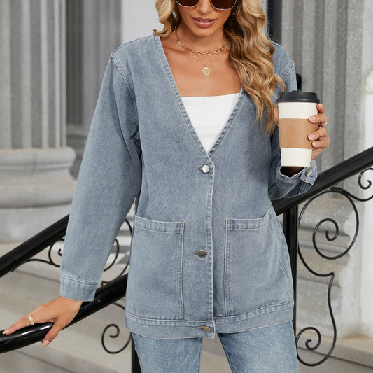 WASHED LONG SLEEVE V-NECK DENIM COAT TOP