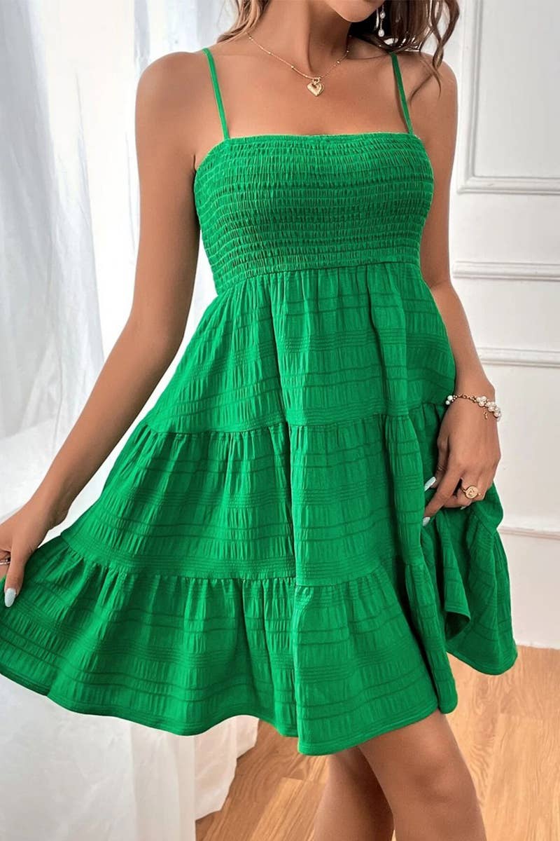 CWDHL0739_SUMMER SOLID COLOR TEXTURED SUSPENDER DRESS