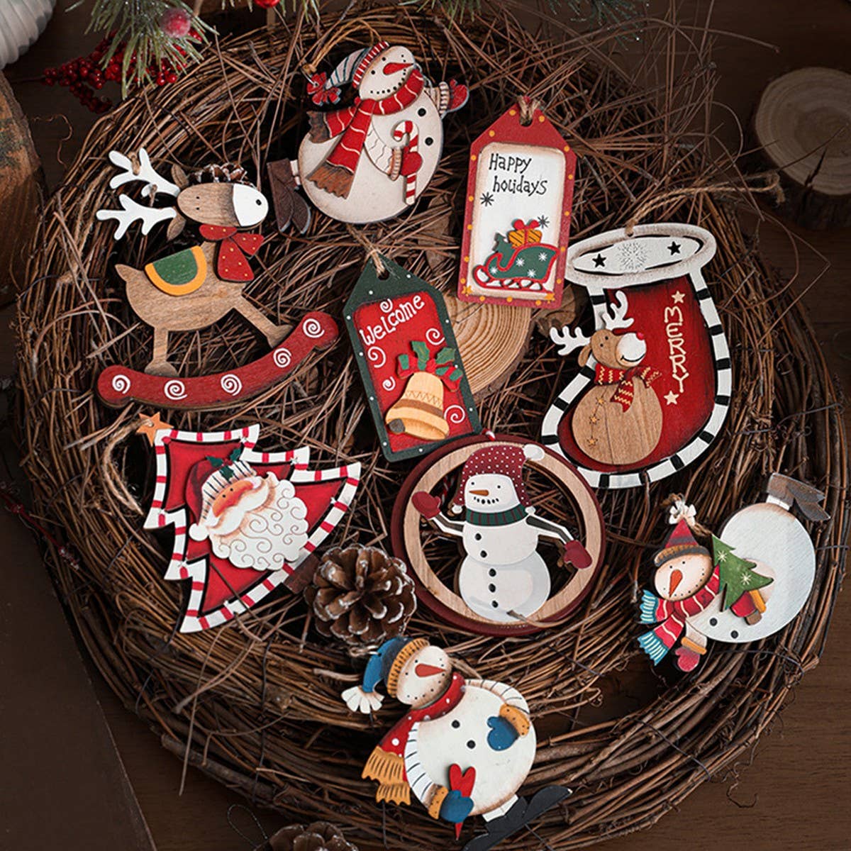 Rustic Wood Christmas Tree Santa Snowman Decor