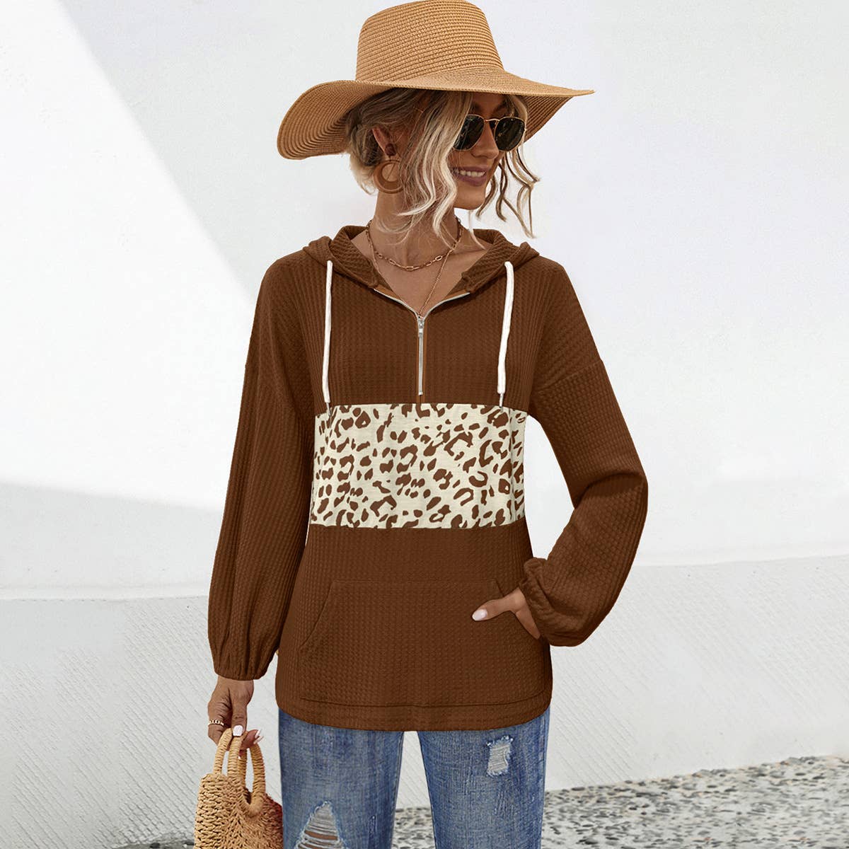 LEOPARD PRINT SPLICED LONG-SLEEVED HOODIE
