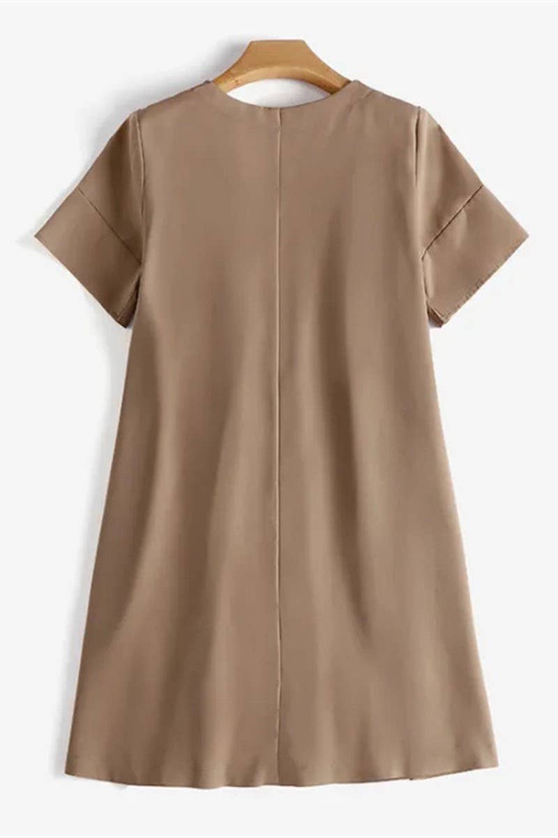 CWDSD5500_LOOSE PLEATED ROUND NECK SHORT SLEEVE DRESS