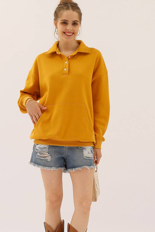 Cwttl904_Botton Collar Sweatshirt With Kangaroo Pocket