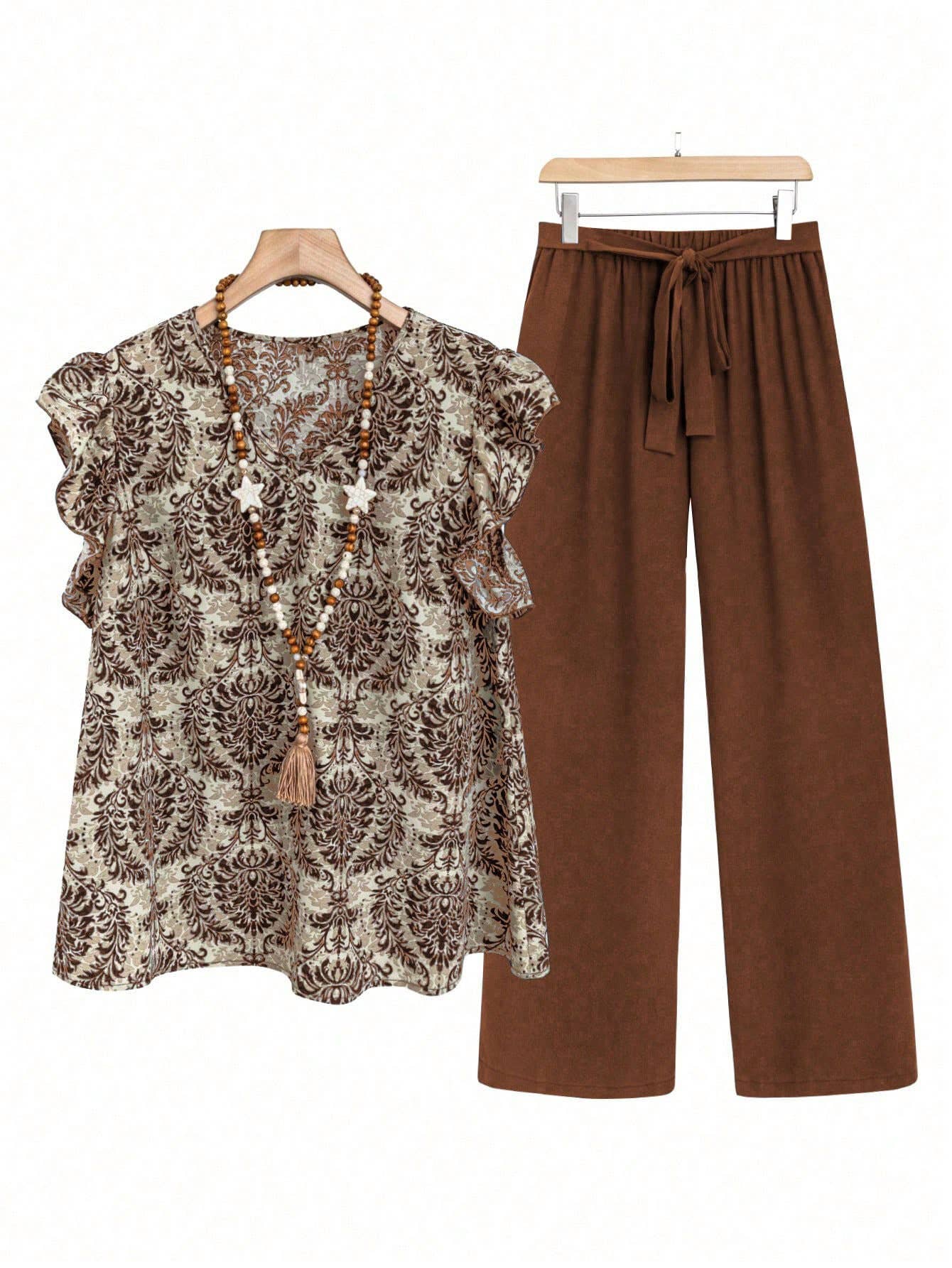 Loose printed T-shirt pantsuit with belt