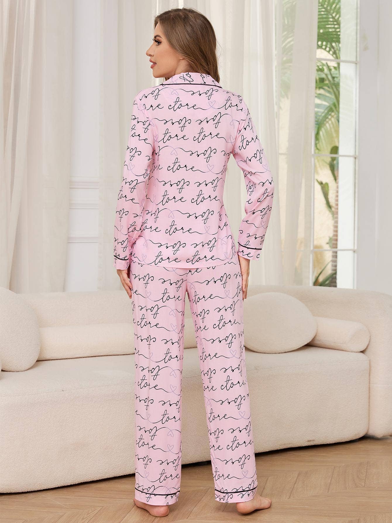 Lapel high-waisted straight-leg pajama set