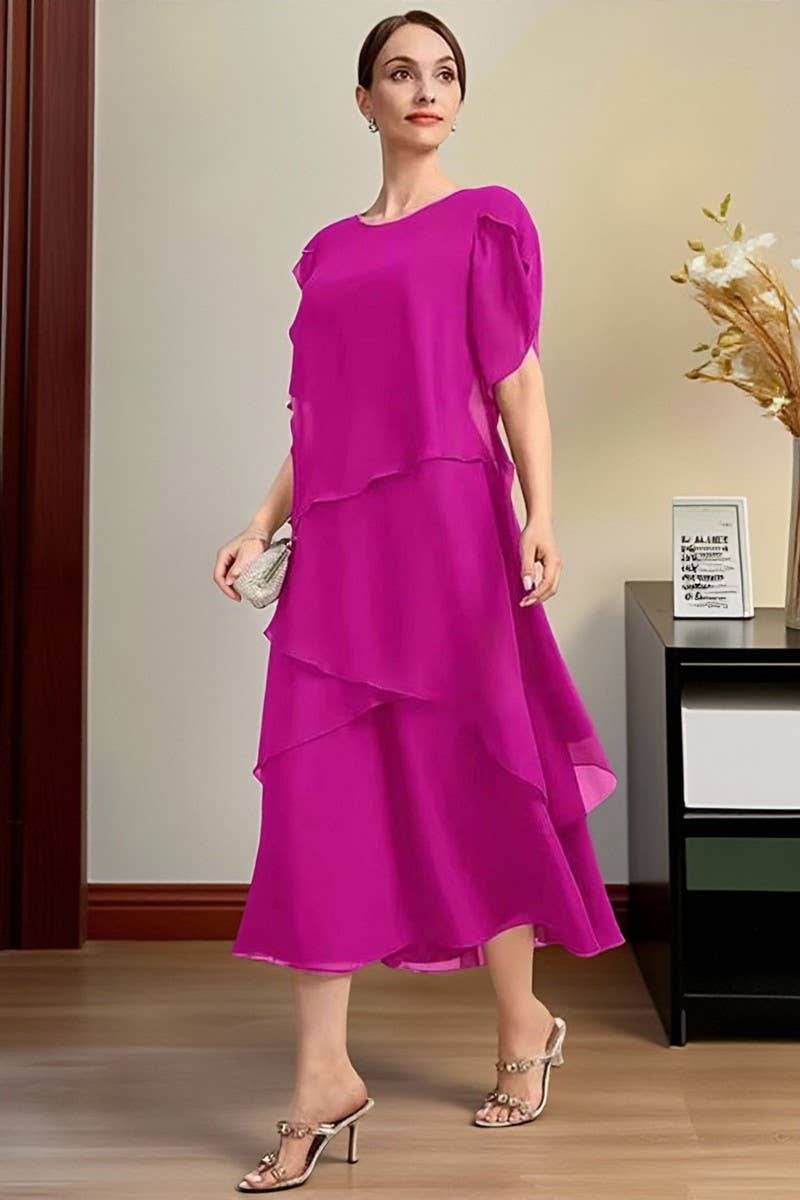 CWDMD01217_LOOSE CHIFFON LAYERED SHORT SLEEVE DRESS