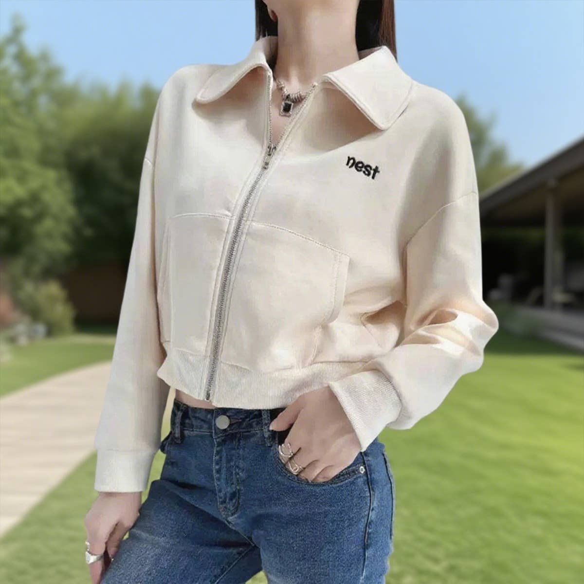 Solid color lapel zipper Short-sleeved cardigan