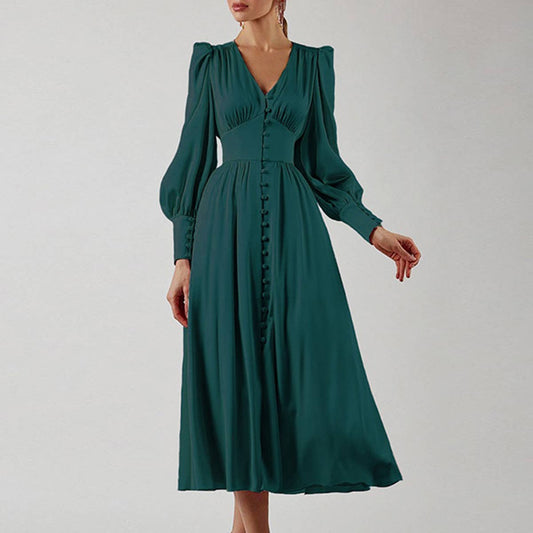 CWDMD4167_VINTAGE SATIN COURT DRESS WITH WAIST AND V-NECK