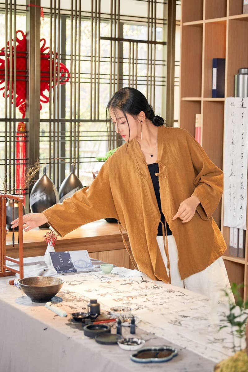 CWOCO0906_RAMIE STAND COLLAR TIE RETRO SHORT CARDIGAN COATS