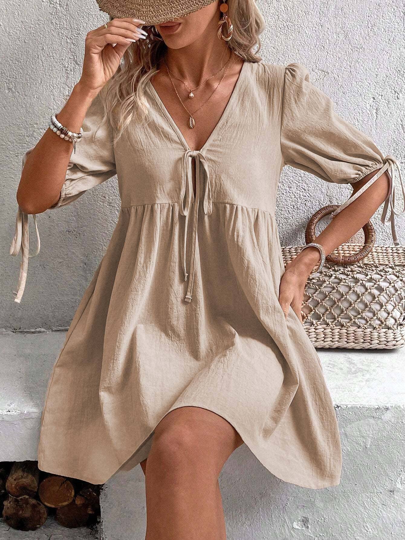LOOSE WOVEN DEEP V-NECK LACE-UP DRESS