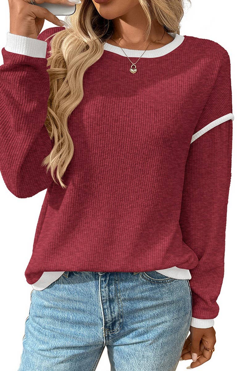 CWOSWL07154_COLORBLOCK KNIT-LOOK CREWNECK LOOSE TOP