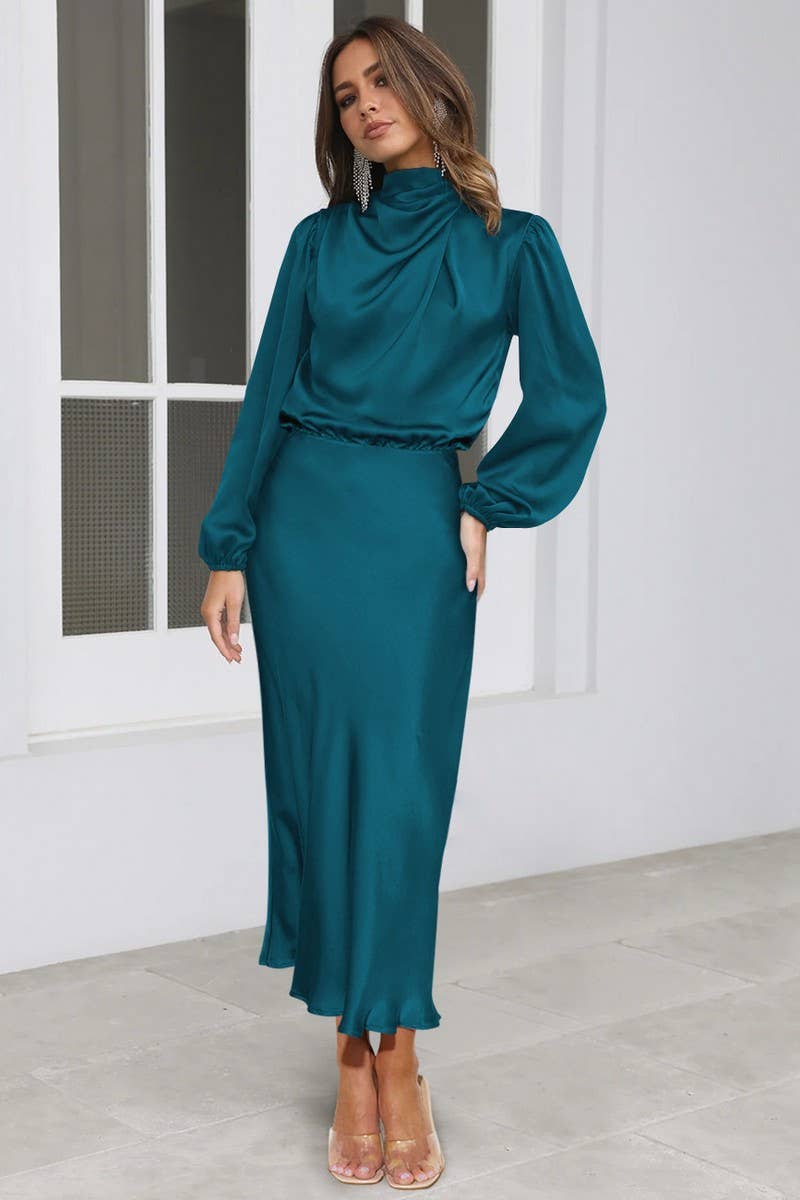 SOLID COLOR SATIN LONG SLEEVED LOOSE DRESS_CWDMD1311