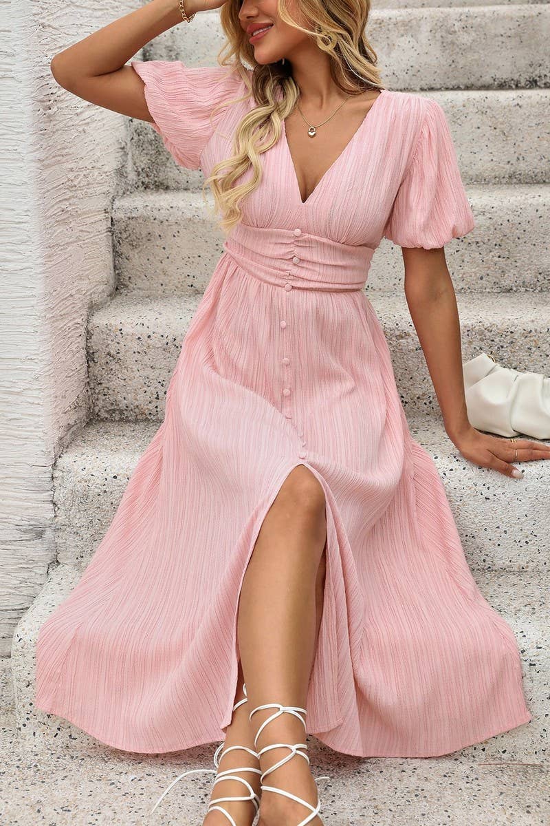 CWDMD5323_SOLID TEXTURED V-NECK DRESS WITH FRONT SLIT