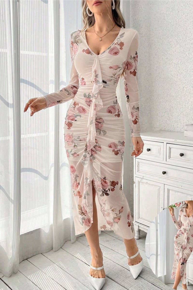 CWDMD01225_MESH V NECK RUCHED SPLIT PENCIL DRESS