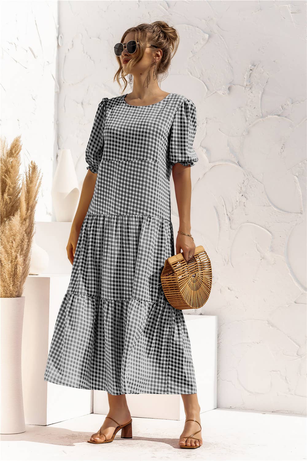 Puffed sleeve polka dot plaid patchwork dress