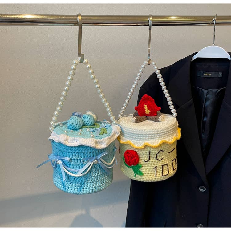 Personalized cake-shaped pearl chain knitted bag