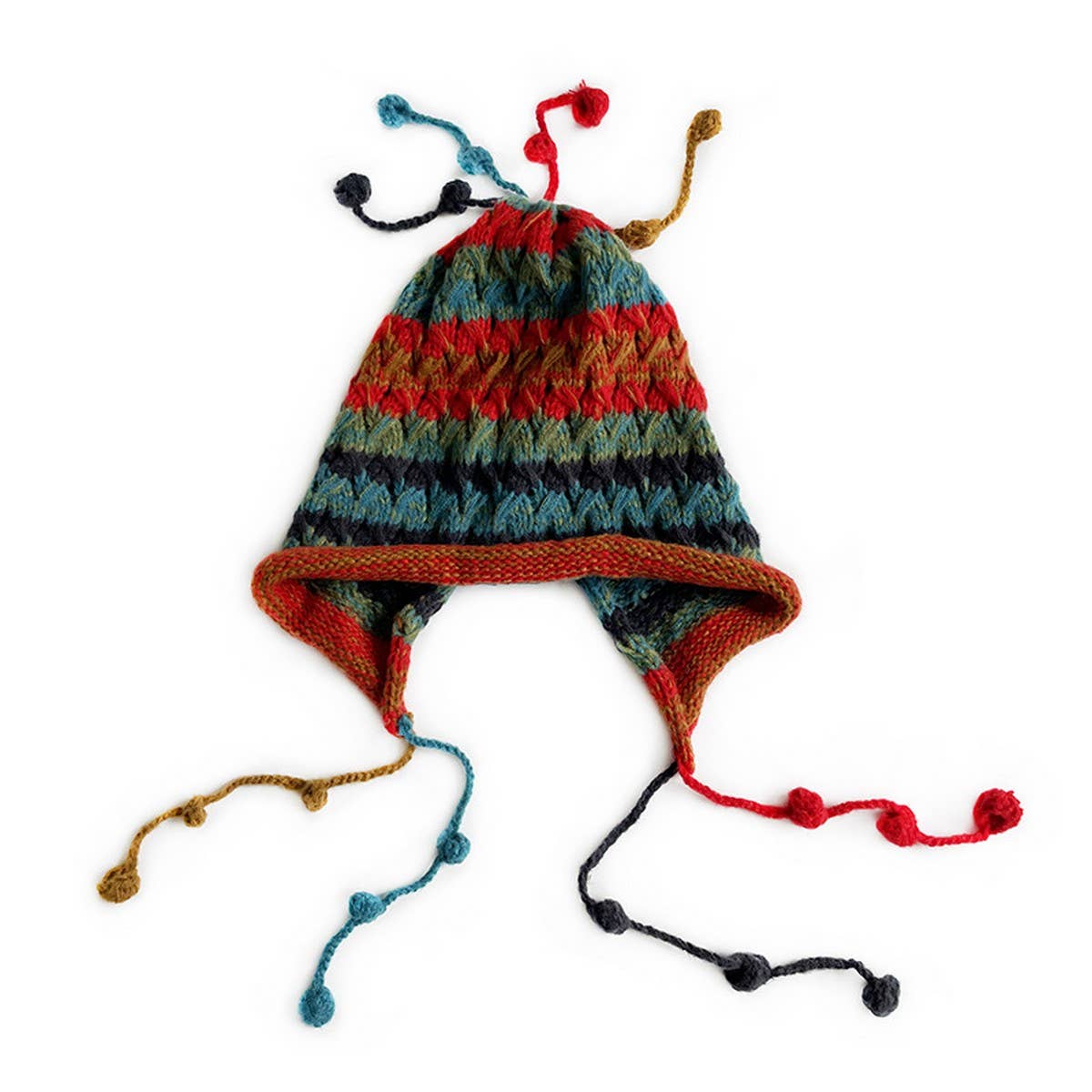 COLORFUL BALL EARFLAP LACE-UP TASSEL KNITTED HAT_CWAH2061