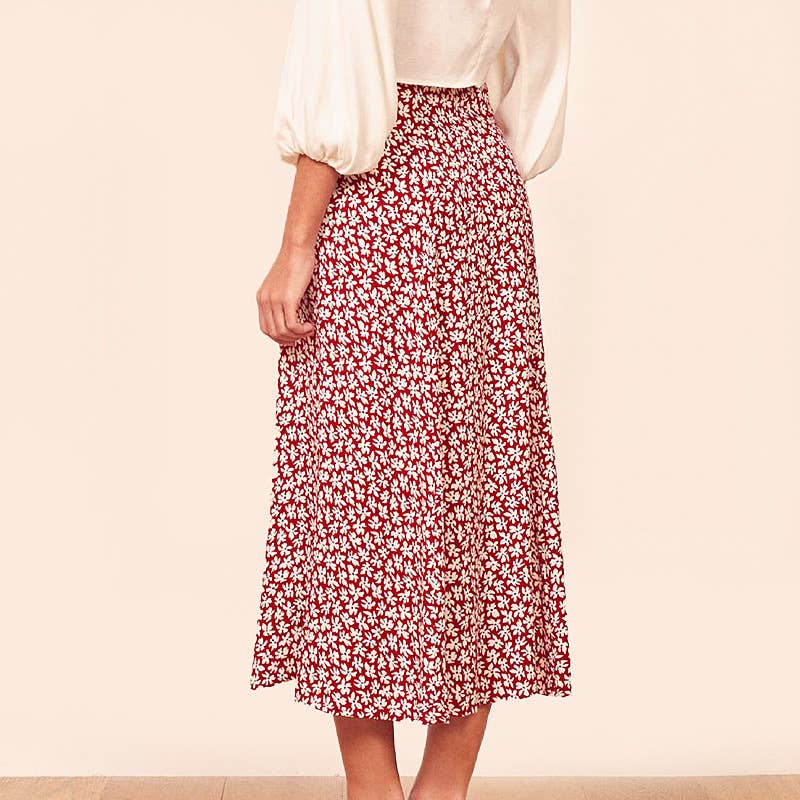 Floral print high waist slit long A-line skirt