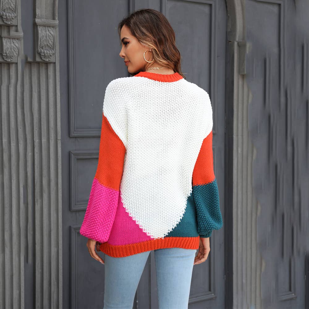 KNIT CREW NECK COLOR PATCHWORK PULLOVER SWEATER