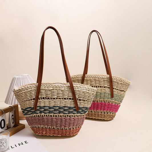 COLORFUL STRIPED SHOULDER STRAW BAG_CWAB1865