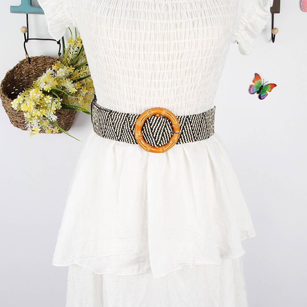 CWABE1181_WOMEN'S ROUND SQUARE BUCKLE BRAIDED BELT