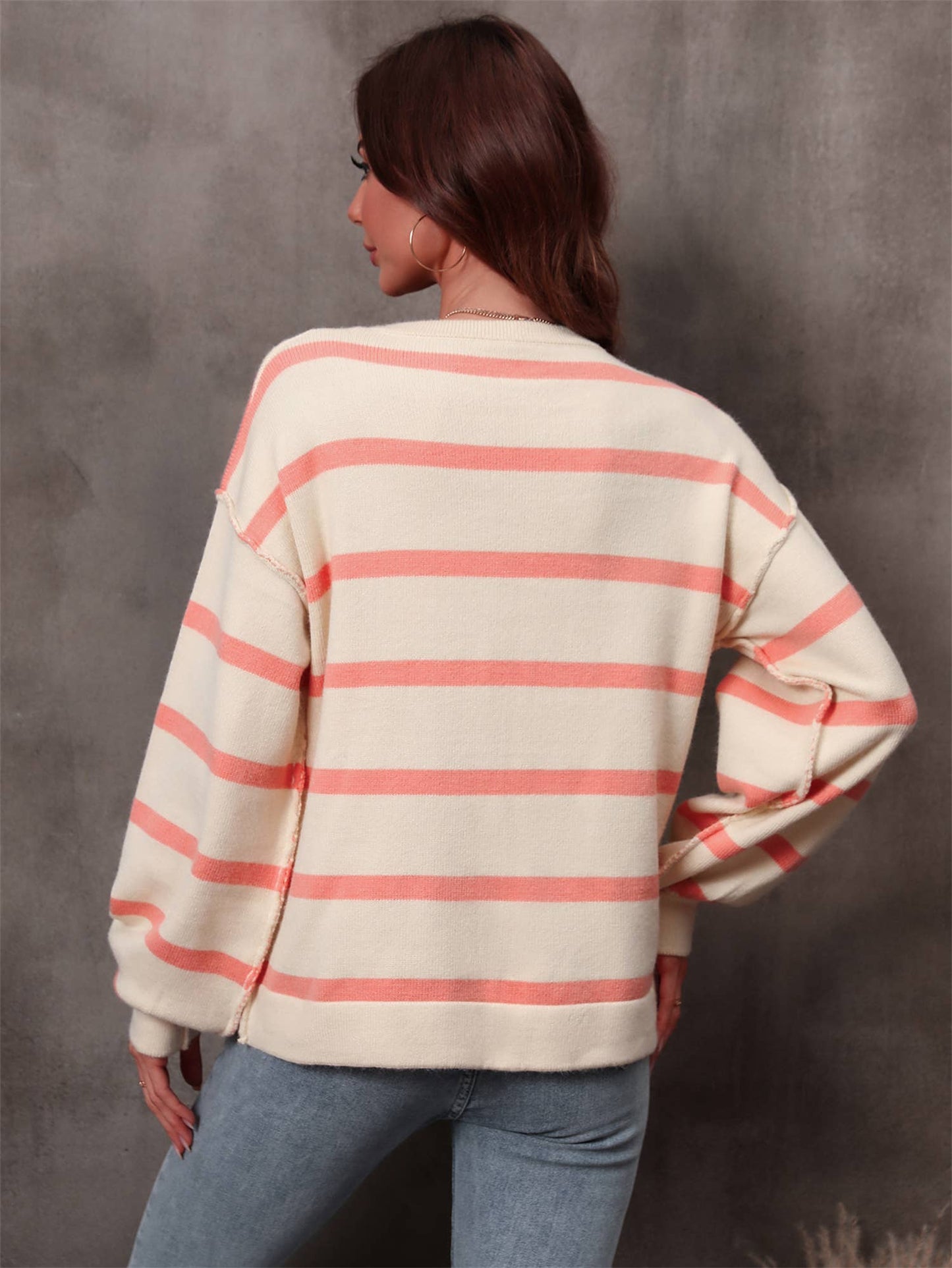 STRIPED PATCHWORK LOOSE CREW NECK PULLOVER