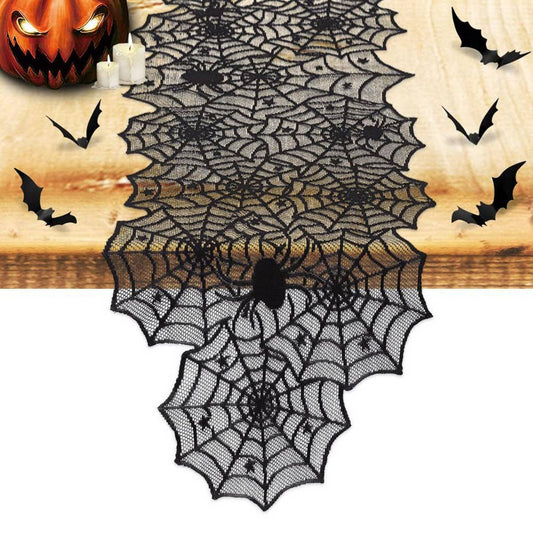 HALLOWEEN BLACK HORROR SPIDER WEB TABLE RUNNER