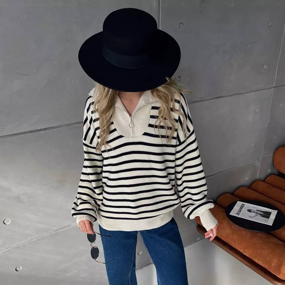 Striped lapel half-zipper pullover sweater