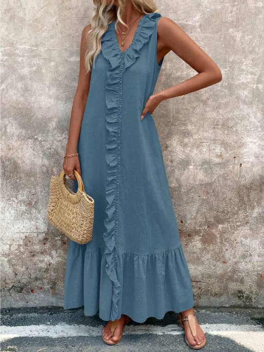Solid-colored cotton V-neck loose wide-hem dress