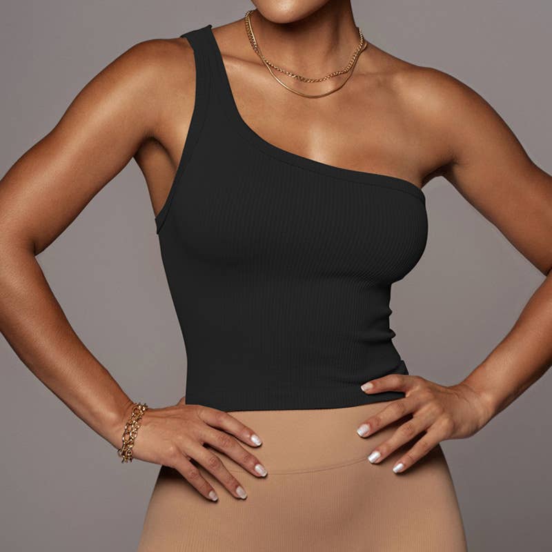 TRIM RIBBED TREND ONE-SHOULDER TANK TOP