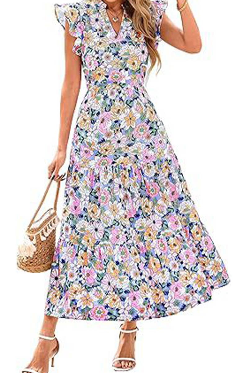 CWDMD6342_V-NECK PLEATED FLYING SLEEVES PRINTED MIDI DRESS