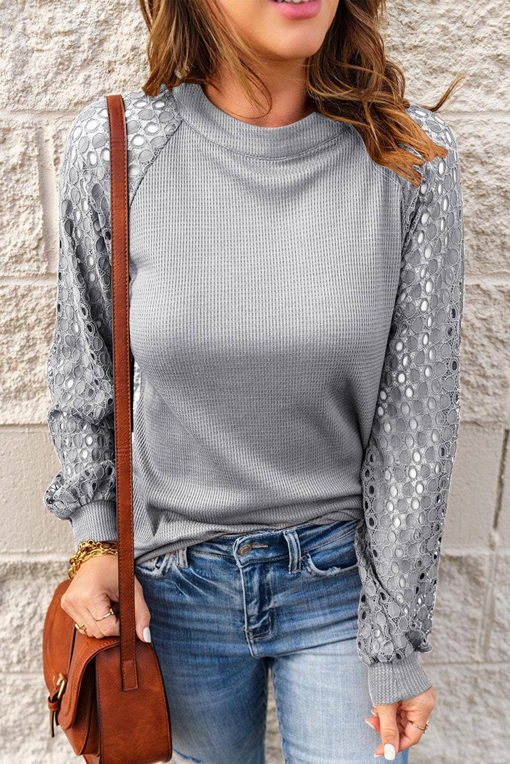 WAFFLE GREY PATCHWORK LONG SLEEVE T-SHIRT