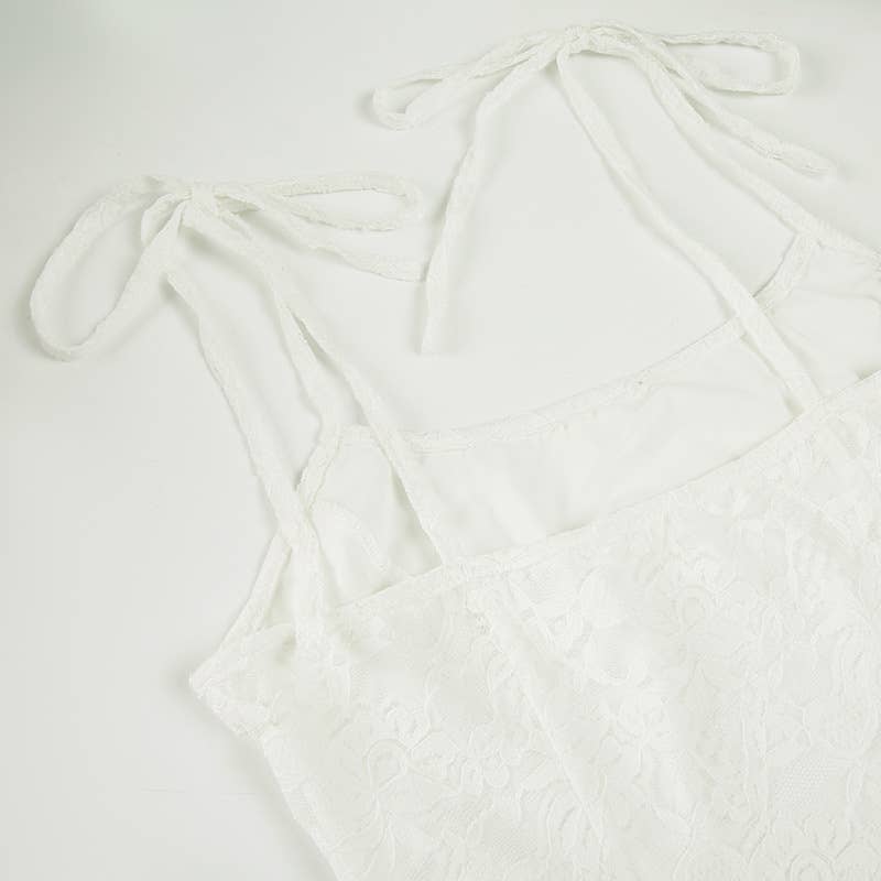 Vacation-style lace-trimmed halter short dress