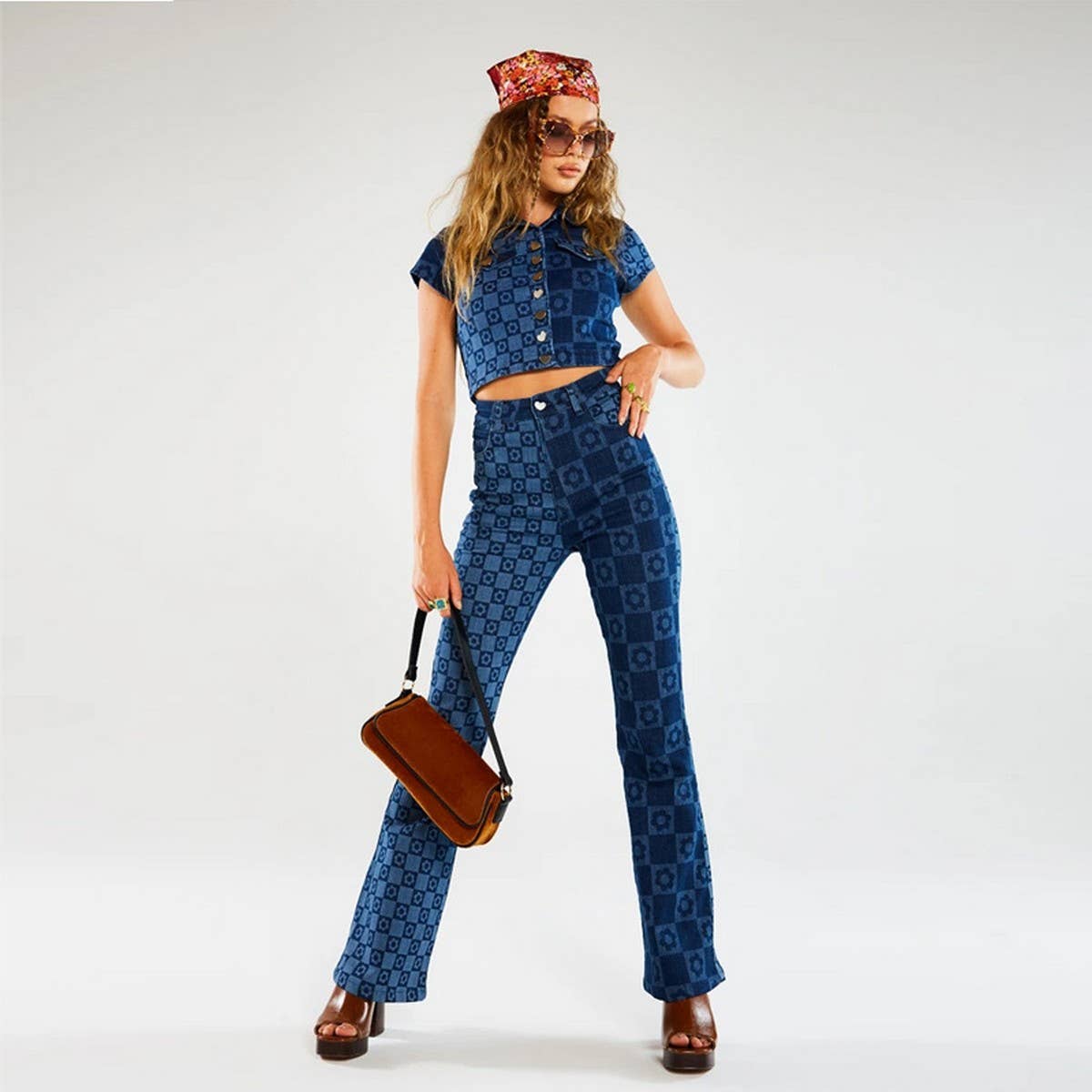 DARK PRINTED HIGH WAISTED WIDE LEG FLARED JEANS