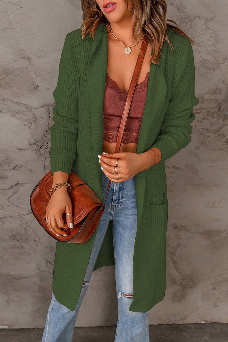 Solid-color hooded long knitted coat