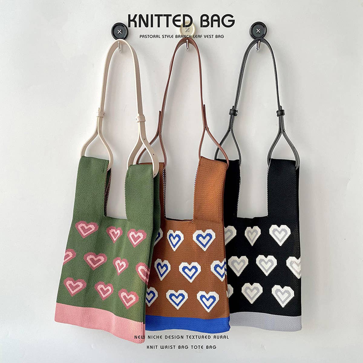 COLOR BLOCK HEART KNITTED SHOULDER TOTE BAG_CWAB1519