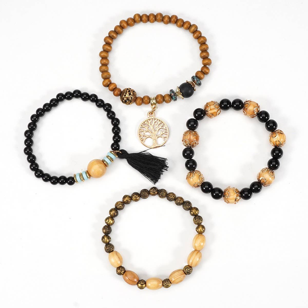 CWMM10462_WOOD BEAD ROSE ALLOY HANDMADE BRACELET SET