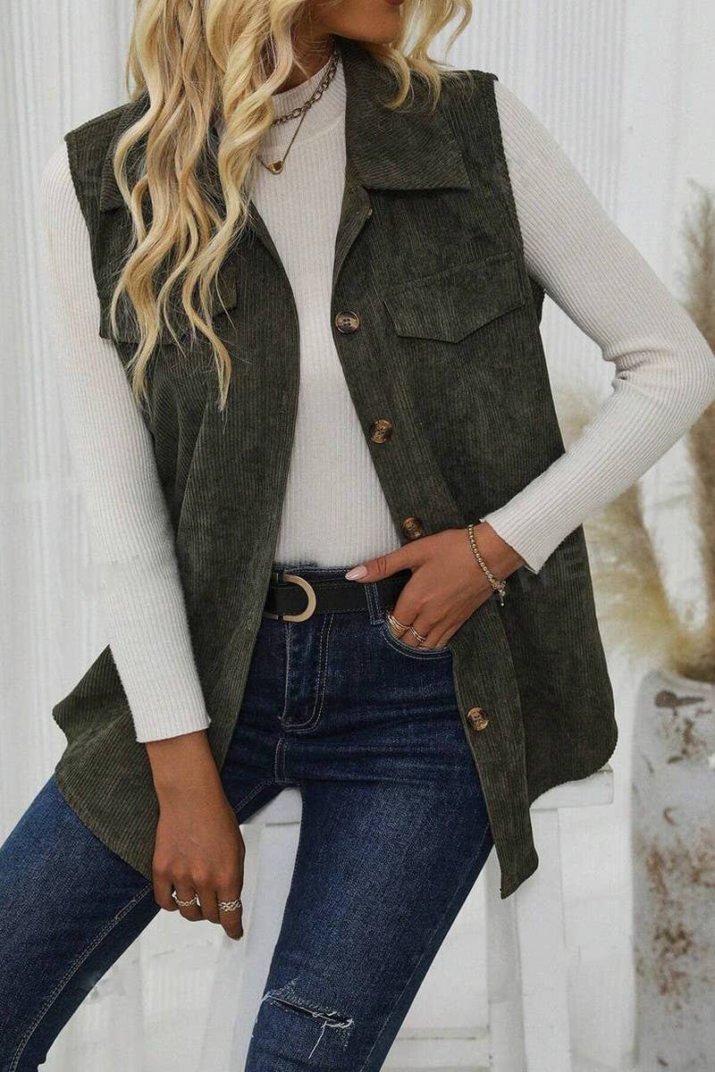 FLAP DETAILS BUTTON FRONT CORDUROY VEST COAT