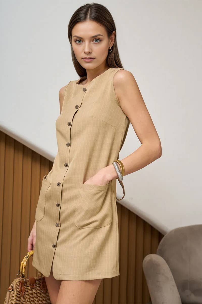 CWDSD8904_SLEEVELESS BUTTON TIE WAIST SOLID MINI DRESS