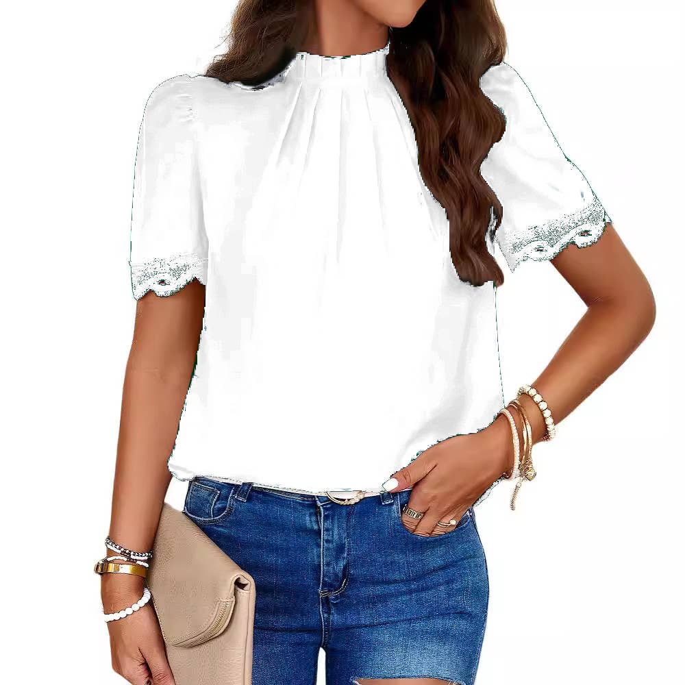 Semi-high-neck lace-trimmed short-sleeved shirt