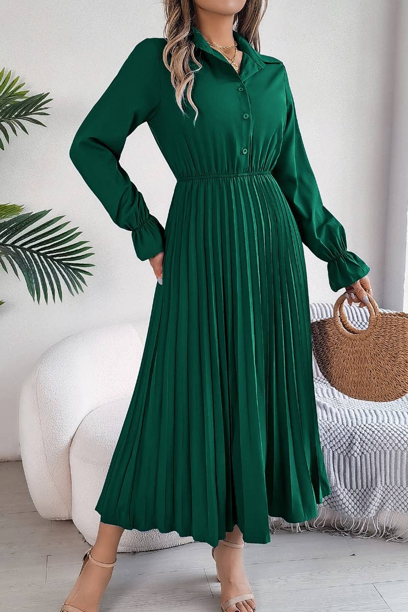 CWDMD3944_FALL PLEATED LONG-SLEEVED SHIRT-WAIST DRESS
