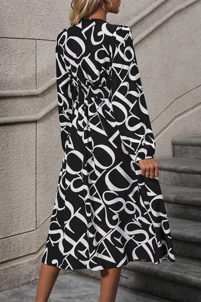 CWDMD4080_AUTUMN V-NECK PRINT LONG-SLEEVED SLIT DRESS