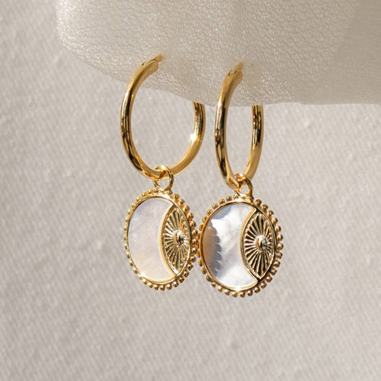 Elegant Gold Hoop Earrings Sun Coin & Moon Pendant