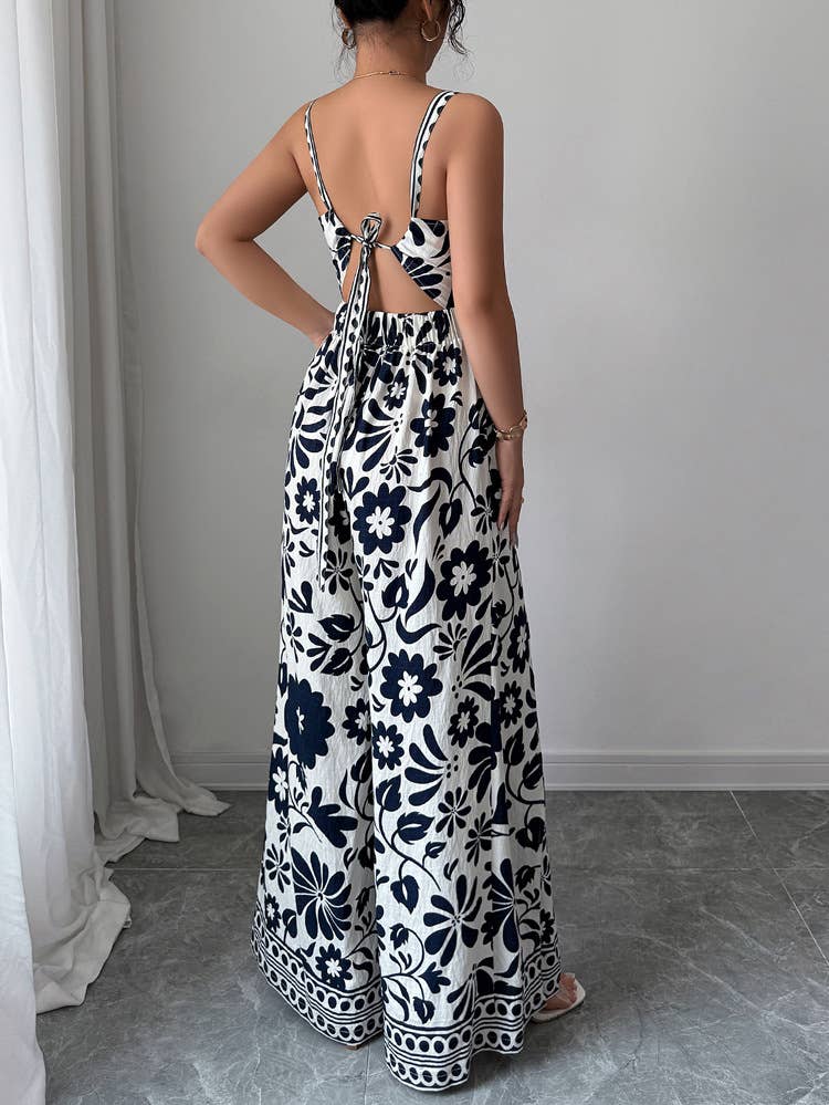 Elegant Twist Knot Printed Wide Leg Jumpsuit