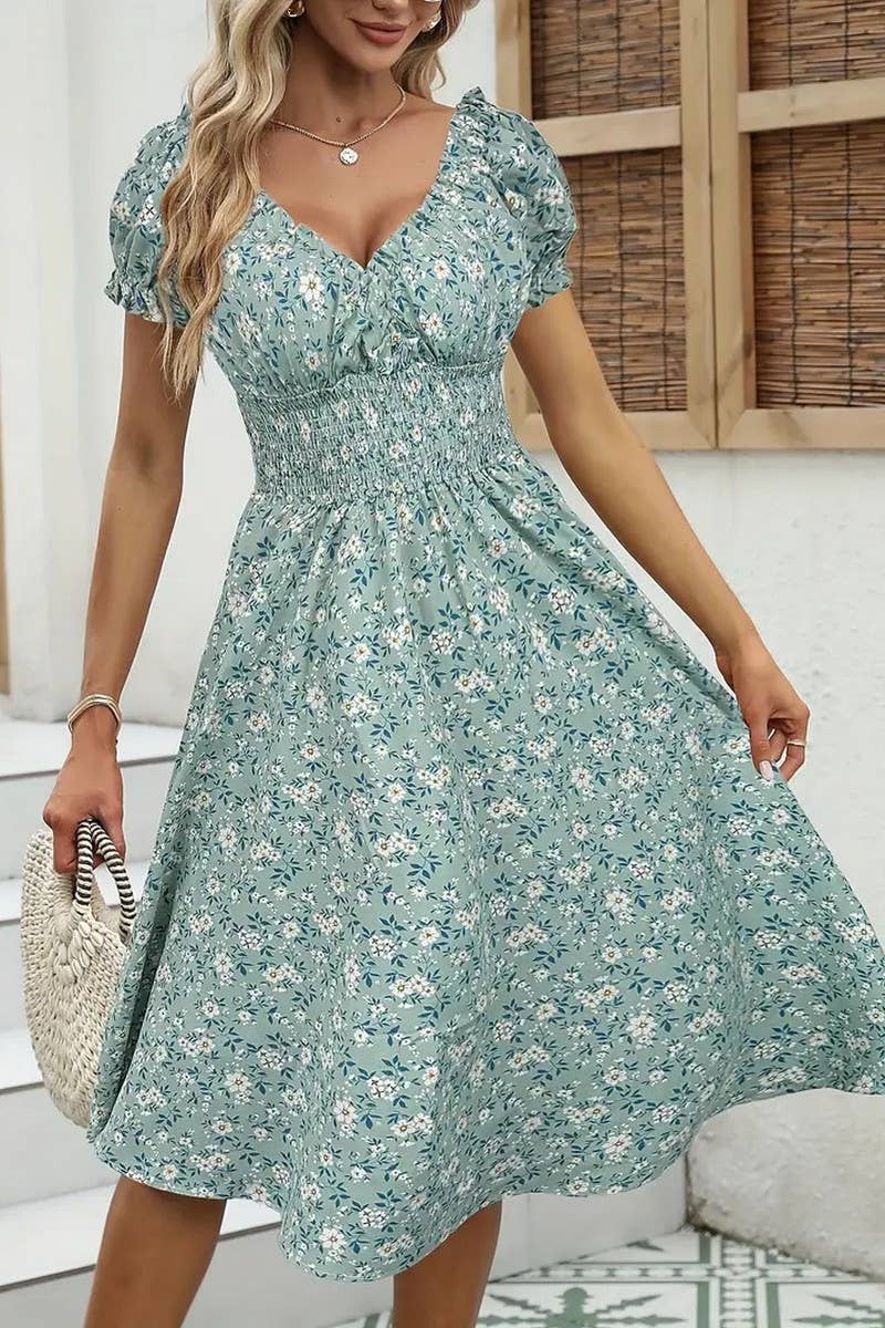 CWDMD5870_VINTAGE FLORAL PUFF SLEEVE FRENCH MIDI DRESS