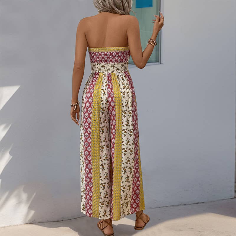 Ethnic print casual chaste wide leg jumpsuit