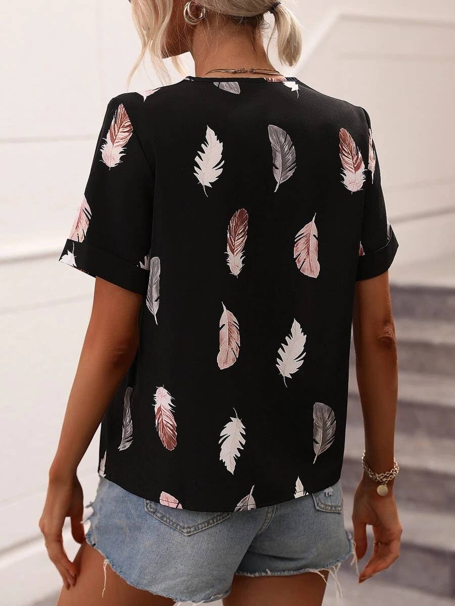 V-NECK FEATHER PRINT SHORT-SLEEVED LOOSE T-SHIRT