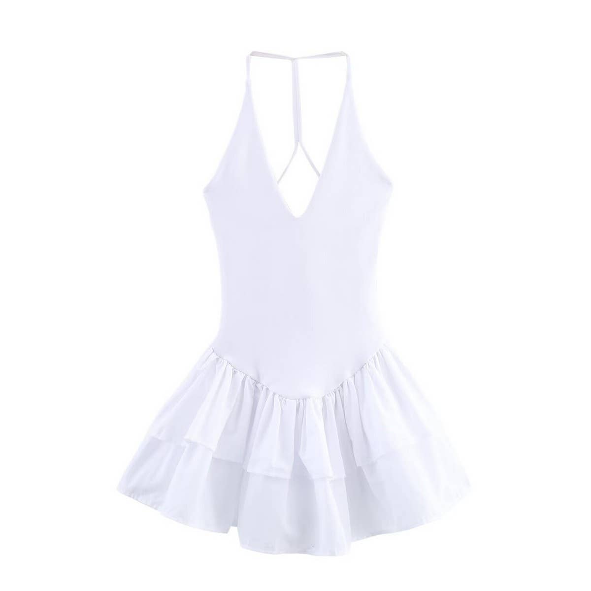 Solid Color V-Neck Halter Patchwork Dress_CWDHL0984