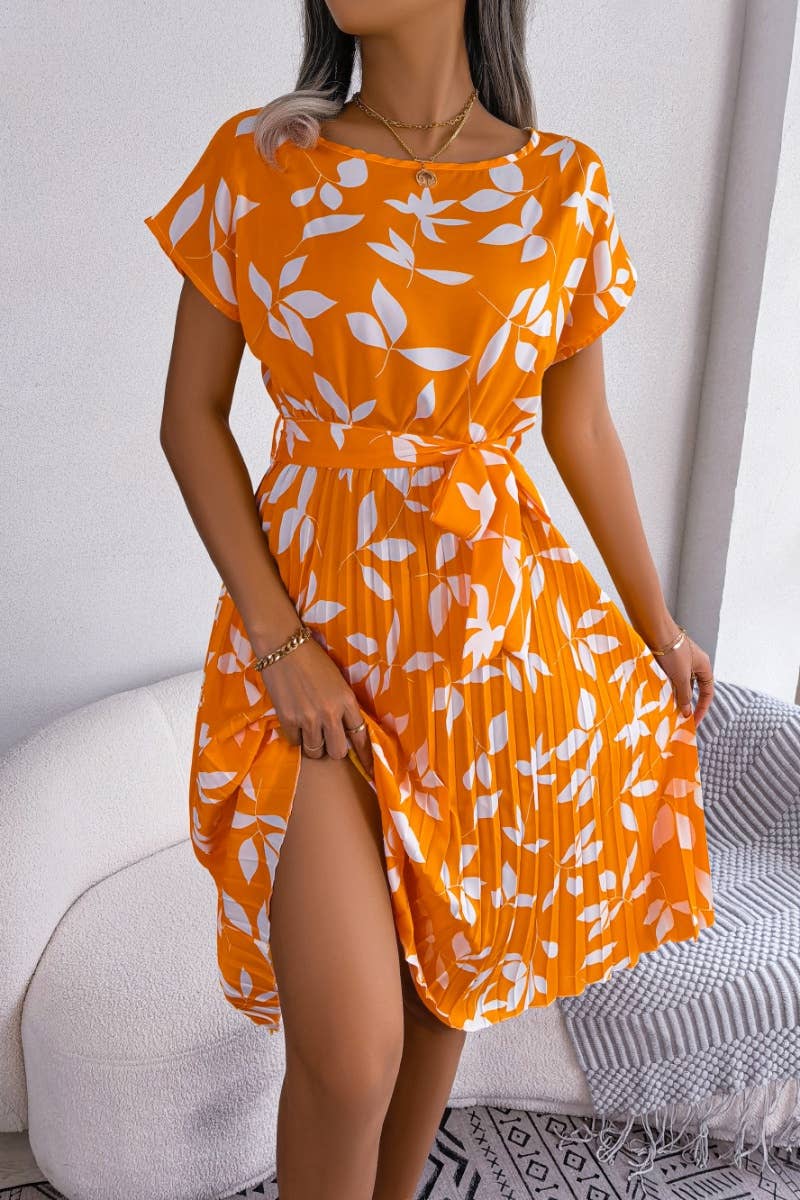CWDMD2652_LEAF SHORT SLEEVE PLEATED DRESS WITH LARGE SWING