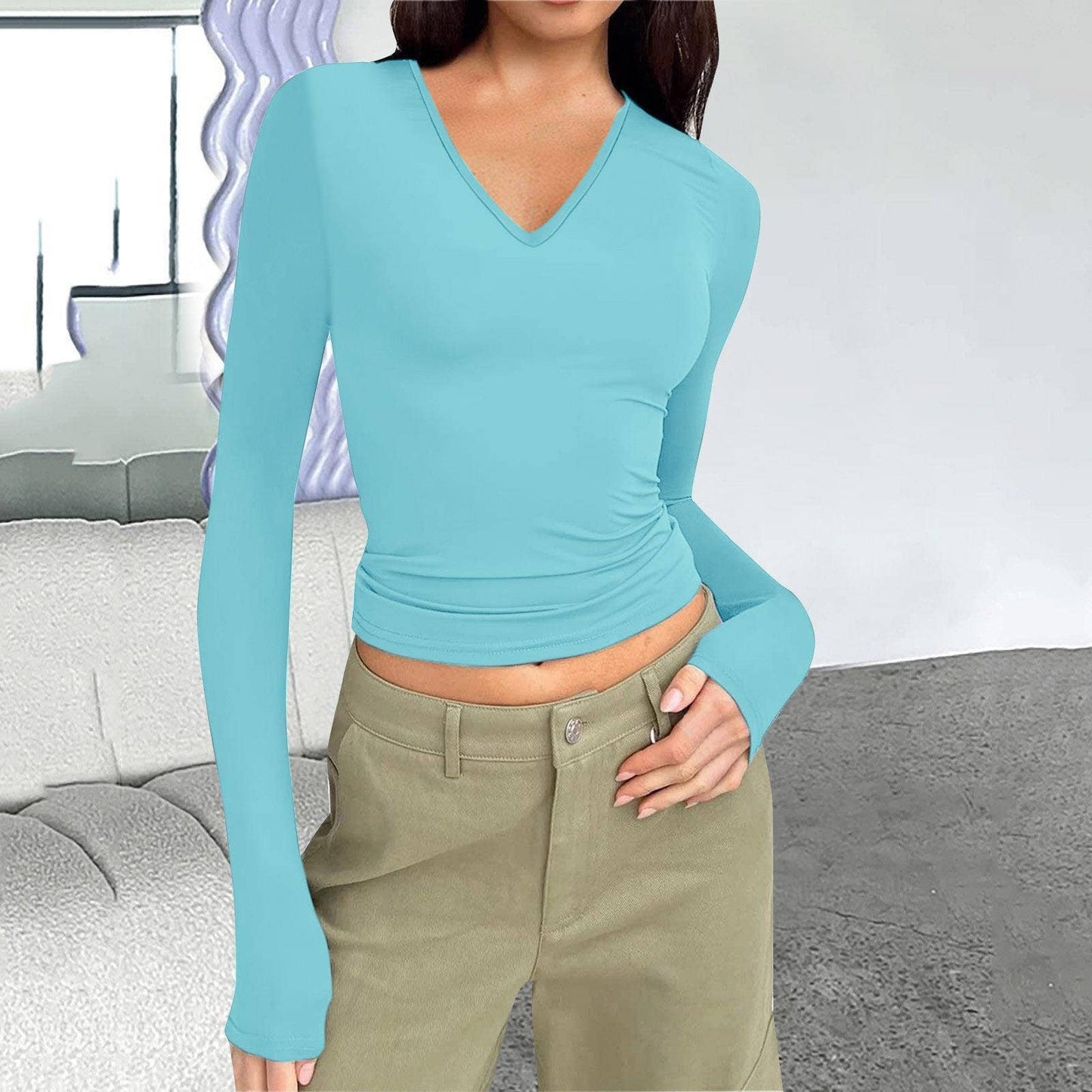 V-neck long-sleeved basic slimming T-shirt