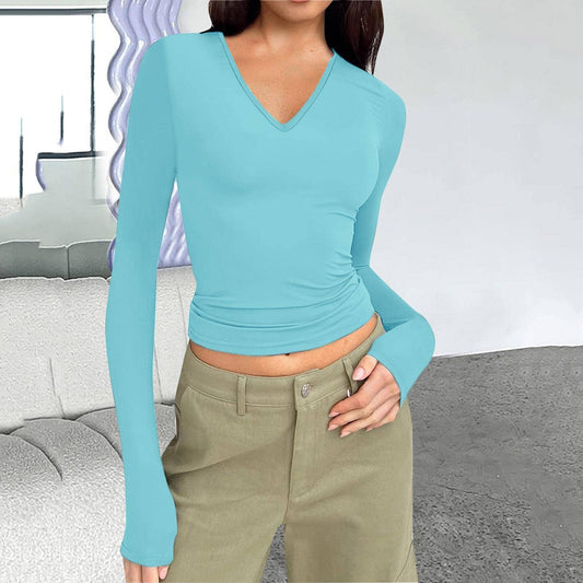 V-neck long-sleeved basic slimming T-shirt